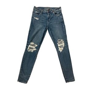 American Eagle Womens High Waisted Blue Distressed Skinny Jeans Long Size‎ 14